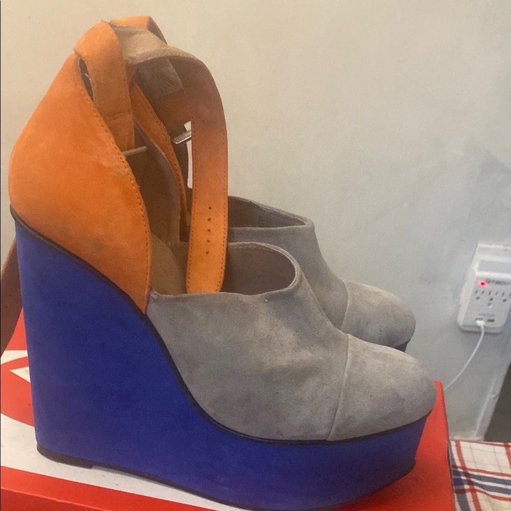 Topshop Orange and Blue Wedge Shoes with Ankle Strap